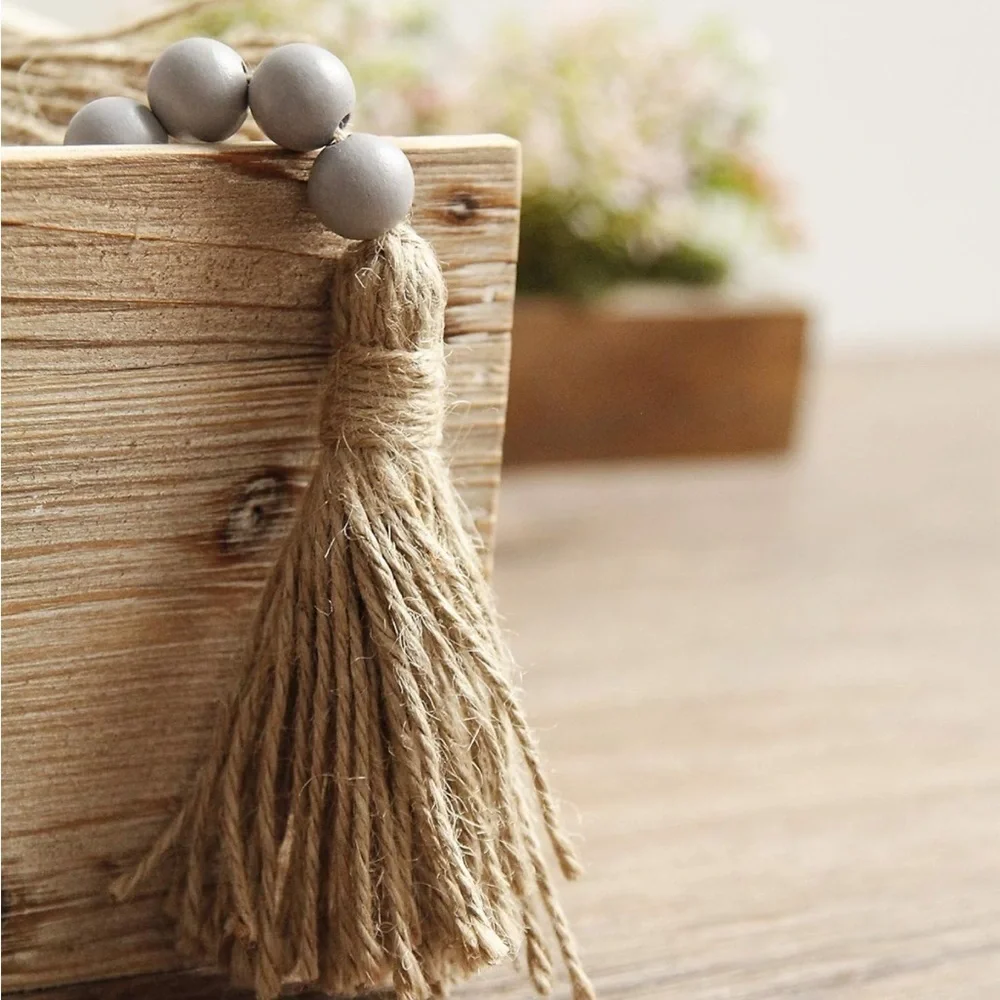 Rustic Boho Farmhouse Modern Cute Grey Beads/Wood Tie Tassel Garland Home Decor